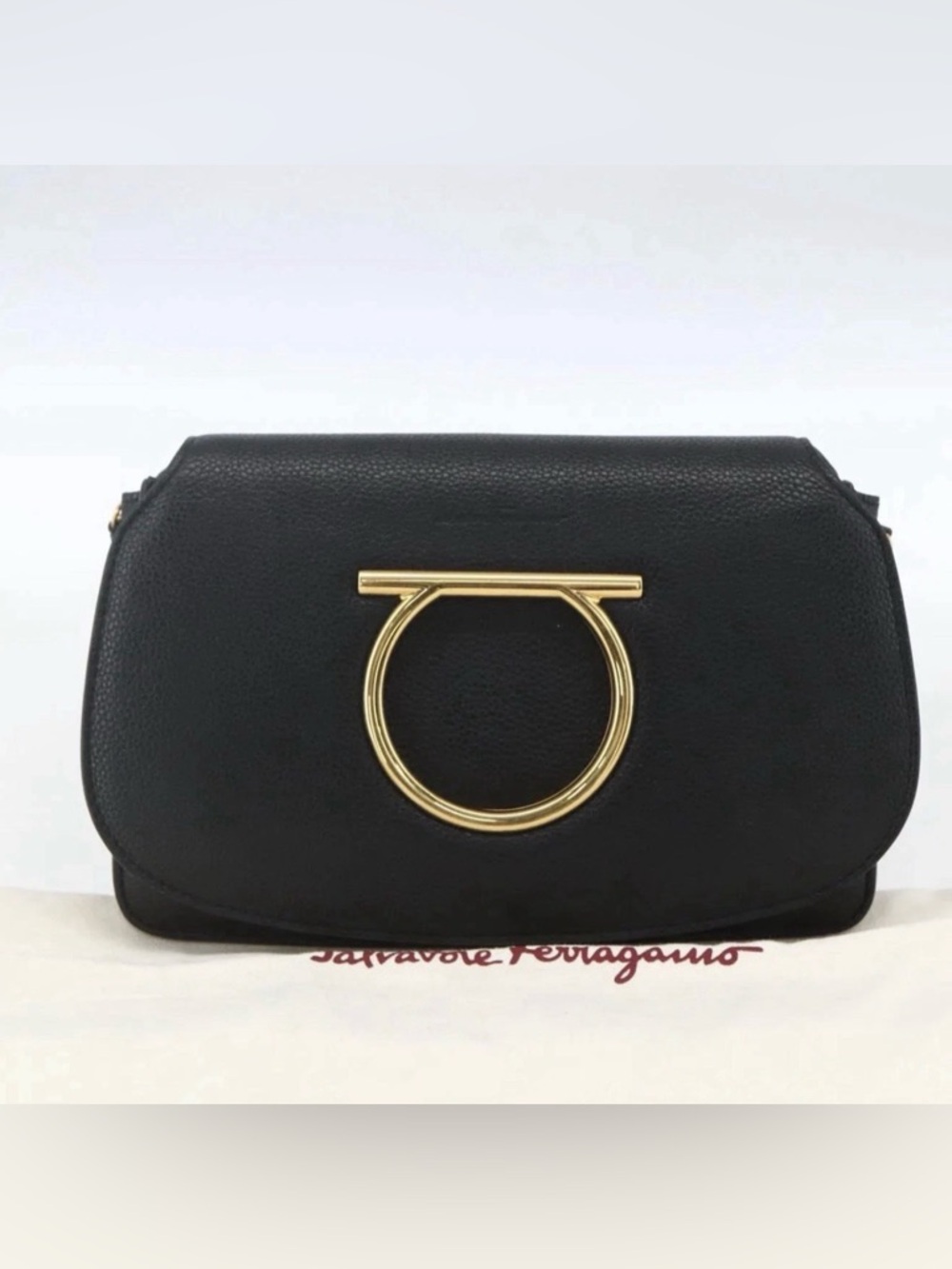 Salvatore Ferragamo Black Leather Crossbody with Gold Gancini Accent